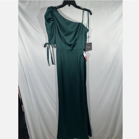 NWT $358 IEENA Mac Duggal [ 4 ] Satin One Shoulder‎ Puff Sleeve Gown Green Q470 - Picture 9 of 16